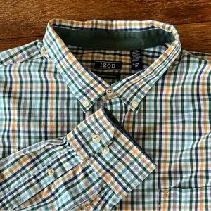 Izod Men’s Long Sleeve Button Up Shirt Green Blue Mustard Plaid Cotton XL